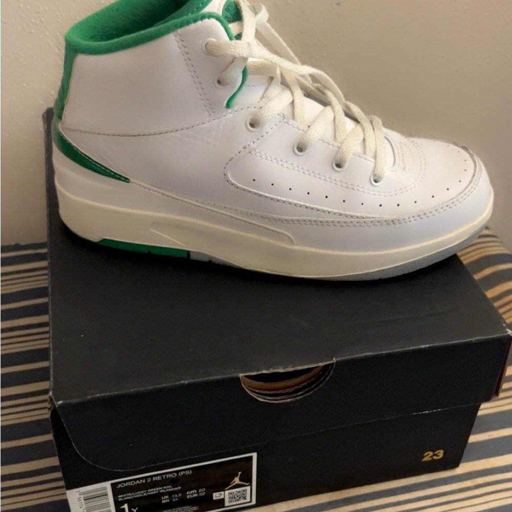 Jordan Kids White and Green High-Top Sneakers
